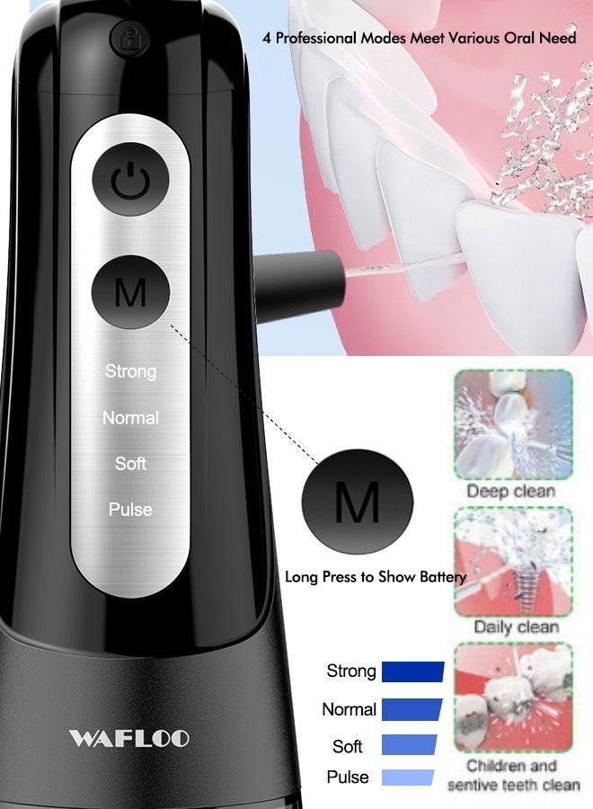 WAFLOO Cordless Water Dental Flosser for Teeth, with 4 Jet Tips, 300ML Tank Oral Irrigator Portable with 4 Modes IPX7 Waterproof Rechargeable Water Floss for Home Travel, Adults Teeth Cleaning (Black) - Image 3