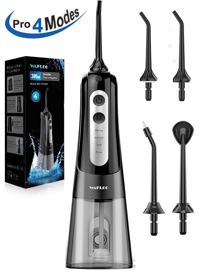 WAFLOO Cordless Water Dental Flosser for Teeth, with 4 Jet Tips, 300ML Tank Oral Irrigator Portable with 4 Modes IPX7 Waterproof Rechargeable Water Floss for Home Travel, Adults Teeth Cleaning (Black) - Image 1