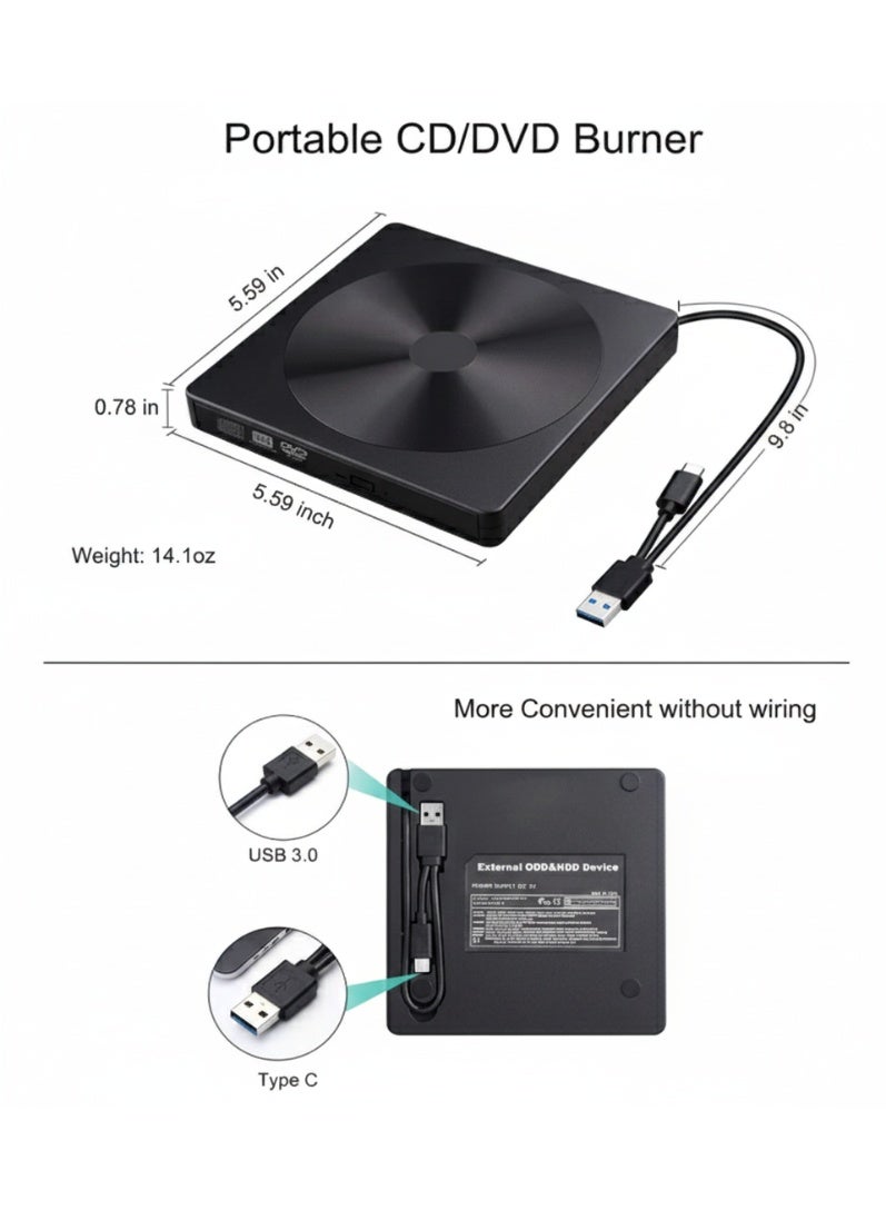 Slim External USB 3.0 DVD/CD Writer Drive – High-Speed Read & Write Support for DVD±RW, DVD-R DL, CD-RW Formats with Dual USB-A & USB-C Connectivity – Ideal for Laptops, Desktops, and Devices Without Built-In Optical Drives - Image 3