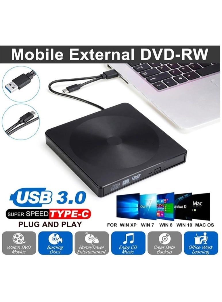 Slim External USB 3.0 DVD/CD Writer Drive – High-Speed Read & Write Support for DVD±RW, DVD-R DL, CD-RW Formats with Dual USB-A & USB-C Connectivity – Ideal for Laptops, Desktops, and Devices Without Built-In Optical Drives - Image 2
