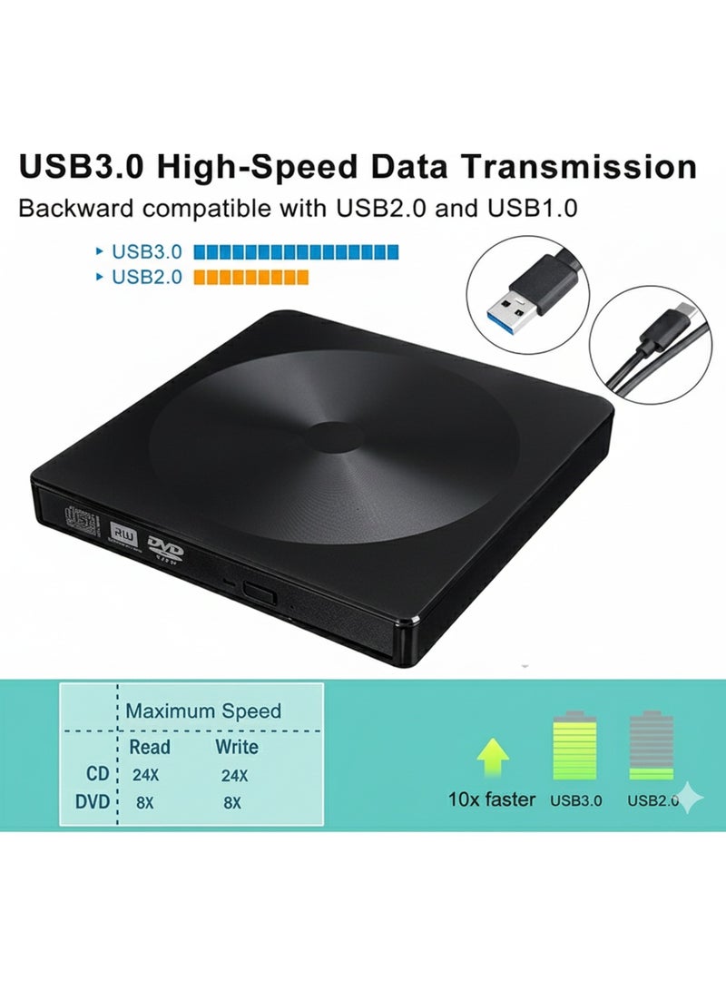 Slim External USB 3.0 DVD/CD Writer Drive – High-Speed Read & Write Support for DVD±RW, DVD-R DL, CD-RW Formats with Dual USB-A & USB-C Connectivity – Ideal for Laptops, Desktops, and Devices Without Built-In Optical Drives - Image 4
