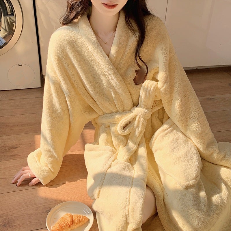 Gentle Milky yellow nightgown bathrobe autumn and winter coral fleece thickened long sleeve flannel home wear lace-up can be worn outside BR-8 