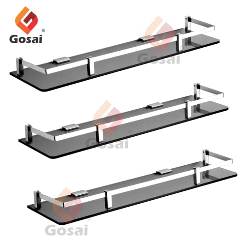 GOSAI Bathroom Accessories Acrylic + Stainless Steel Transparent Black Glass Shelf Bathroom Shelf | Kitchen Shelf 15 x 5 Inch Pack of 3 Pcs Set - Image 4