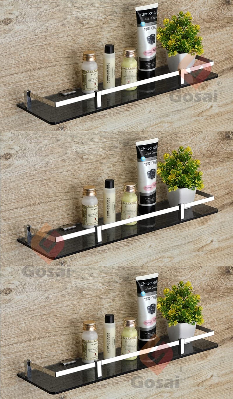 GOSAI Bathroom Accessories Acrylic + Stainless Steel Transparent Black Glass Shelf Bathroom Shelf | Kitchen Shelf 15 x 5 Inch Pack of 3 Pcs Set - Image 1
