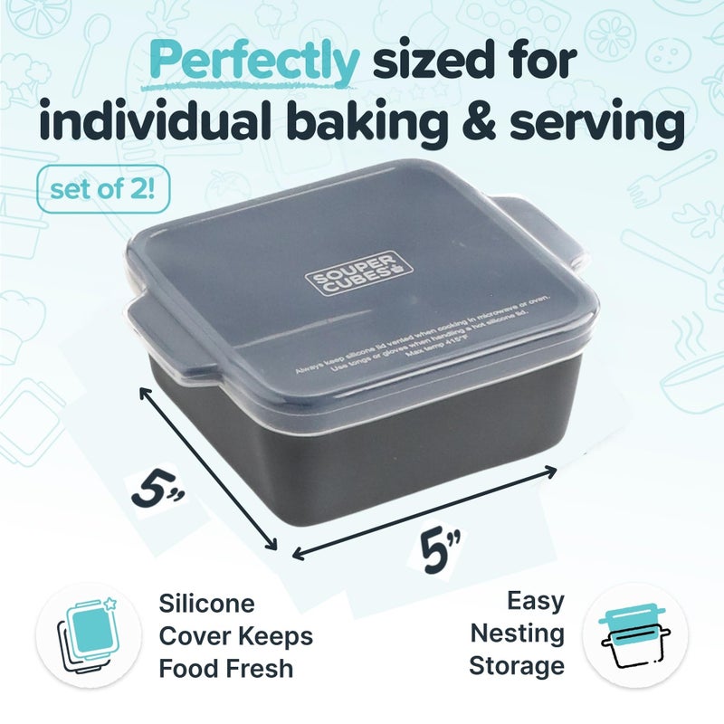 Souper Cubes Stoneware 2.0-5" x 5" Baking Dishes for Oven, Made in USA, Premium Mini Ceramic Baking Dishes with Silicone Covers for Individual Portions, Set of 2 - Charcoal - Image 2