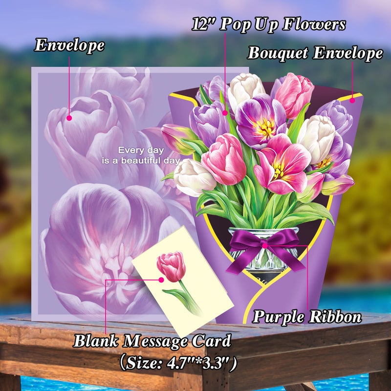 Airpark Pop Up Flower Card, 3D Paper Flowers Bouquet, Birthday, Thank You, Get Well Greeting Cards with Note Card & Envelope, Tulip - Image 2