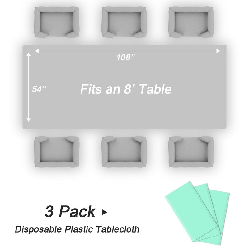 QIKSION 3 Pack Fresh Mint Plastic Tablecloth Disposable Table Covers Mint Green Table Cloths for Parties Bridal Shower Birthday Engagement Wedding  Fits 6 to 8 Foot Rectangle Tables (54 ? 108 Inch) - Image 5