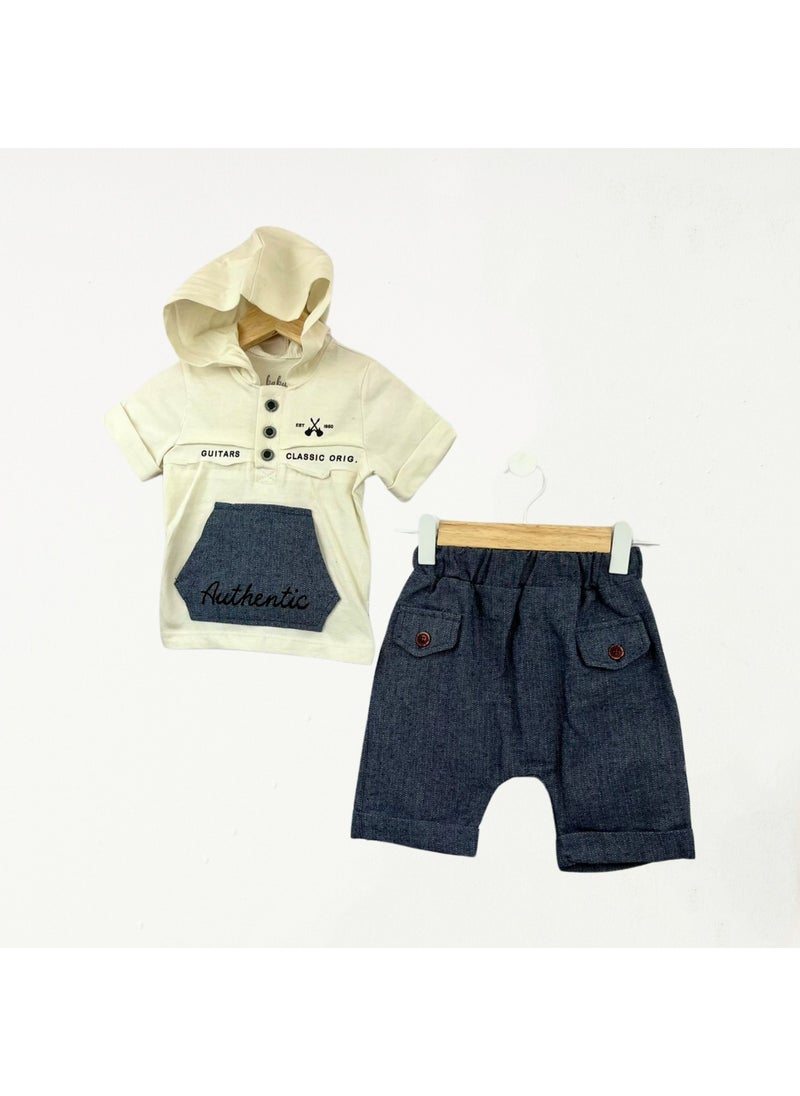 FOR MY BABY Baby Fou Herringbone Hooded T-Shirt Shorts Set  - Image 1