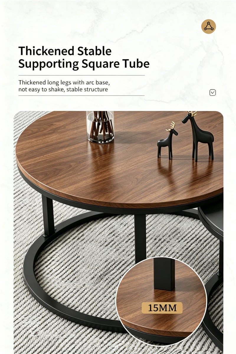 Shangxing Central coffee table set (2 pieces), nested design, round central coffee table, modern wooden side table, wooden tabletop, metal legs, suitable for living room use. - Image 4