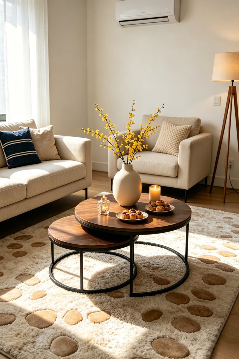 Shangxing Central coffee table set (2 pieces), nested design, round central coffee table, modern wooden side table, wooden tabletop, metal legs, suitable for living room use. - Image 1