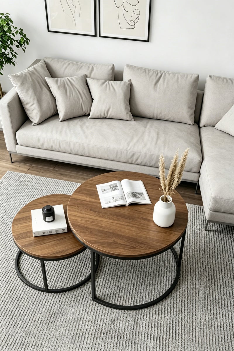 Shangxing Central coffee table set (2 pieces), nested design, round central coffee table, modern wooden side table, wooden tabletop, metal legs, suitable for living room use. - Image 5