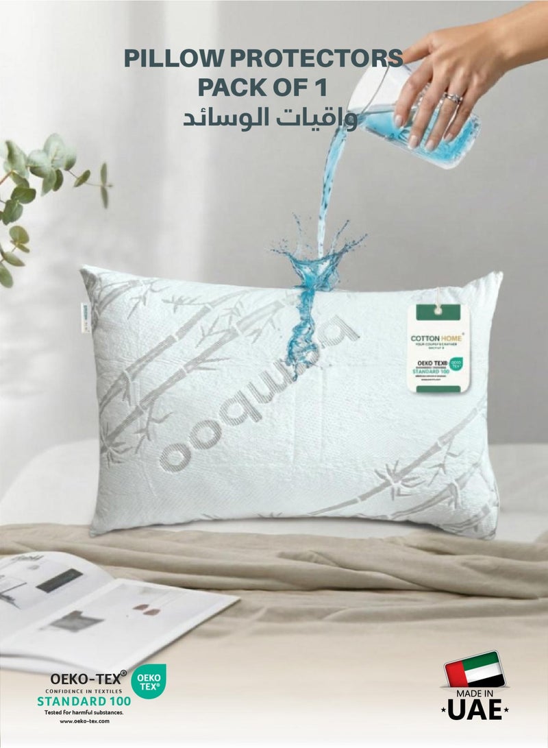 Cotton Home® 100% Waterproof Bamboo Pillow Protectors Standard Size 50x75cm , 20x26 In Cooling Guaranteed Noiseless Absorbent Ultra Soft with Zippered Cases Covers Pads Encasement Grey Pack 1 - Image 1