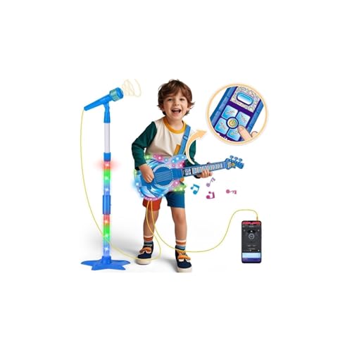 MOEAWS Kids Guitar and Microphone Set Toy Guitar with Adjustable Volume and Strap Microphone with Stand and Color Light Toddler Musical Instrument for 35 59 Kids Karaoke Machine for Boy GirlsBlue - Image 1