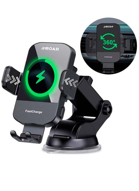 Wireless Car Charger 15W, Clamping Wireless Charging Mobile Phone Holder for Auto Windshield Dashboard Air Vent for iPhone 15 14 13 12 11 10 X Pro Max Samsung S23 S22 S21 S20 Galaxy Xiaomi Mi