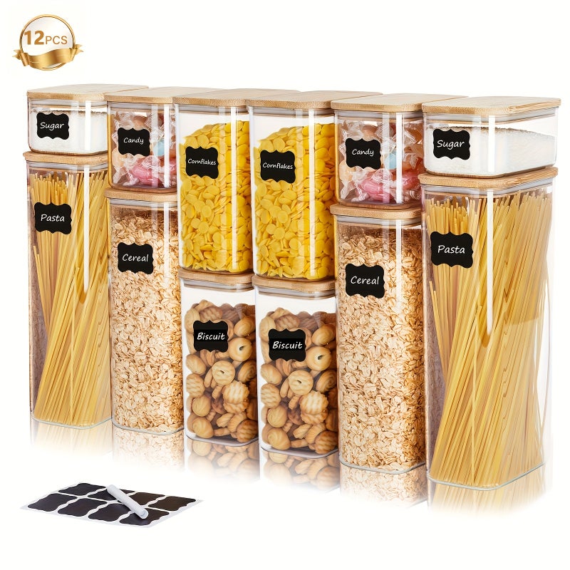 THELIFE 6/12 Pce Airtight Food Storage Containers with Bamboo Lids for Kitchen Organization PET Canisters Are Ideal for Cereal, Pasta, Sugar, Coffee, Rice, and Other Food Contact, Essential for Toddler Food Preparation! - Image 1