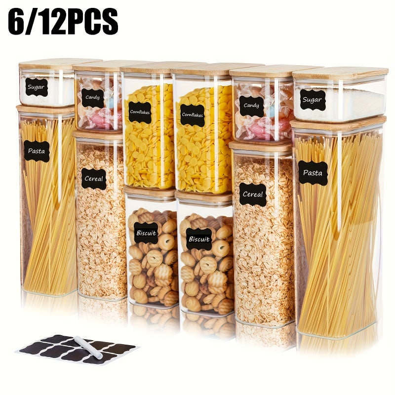 THELIFE 6/12 Pce Airtight Food Storage Containers with Bamboo Lids for Kitchen Organization PET Canisters Are Ideal for Cereal, Pasta, Sugar, Coffee, Rice, and Other Food Contact, Essential for Toddler Food Preparation! - Image 3