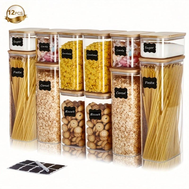 THELIFE 6/12 Pce Airtight Food Storage Containers with Bamboo Lids for Kitchen Organization PET Canisters Are Ideal for Cereal, Pasta, Sugar, Coffee, Rice, and Other Food Contact, Essential for Toddler Food Preparation! - Image 2