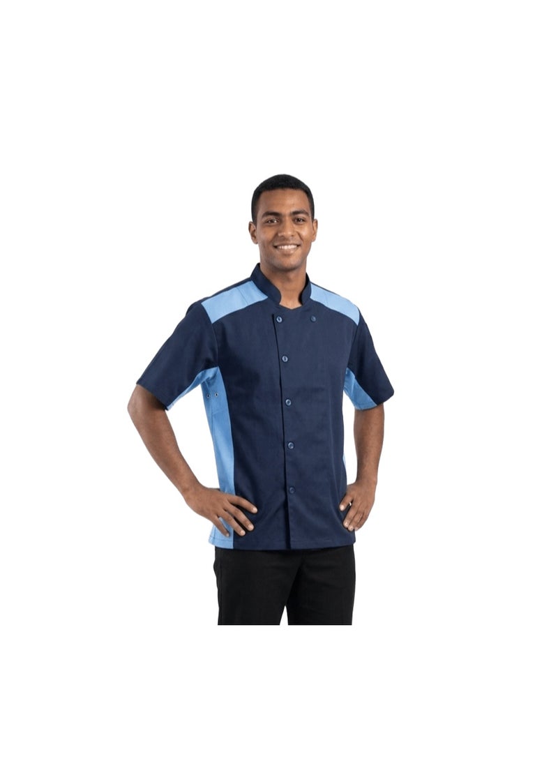 100% Cotton Short-Sleeve Chef Jacket – Navy Blue & Light Blue