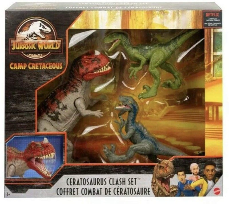 JURASSIC WORLD مجموعة صراع السيراتوصور من عالم الديناصورات كامب كريتاسيوس جزيرة نوبلار مع السيراتوصور و 2 فيلوسيرابتور - Image 2