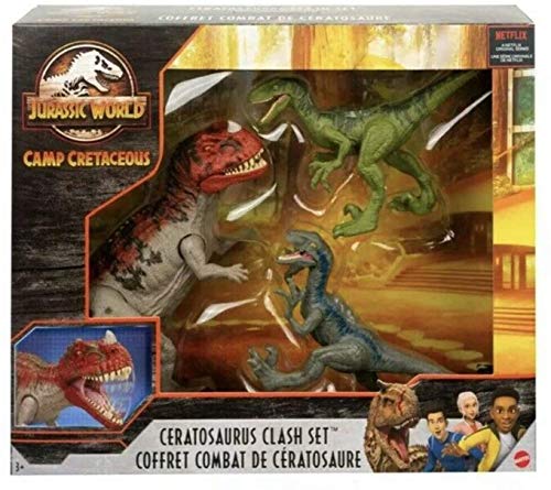 JURASSIC WORLD مجموعة صراع السيراتوصور من عالم الديناصورات كامب كريتاسيوس جزيرة نوبلار مع السيراتوصور و 2 فيلوسيرابتور - Image 1