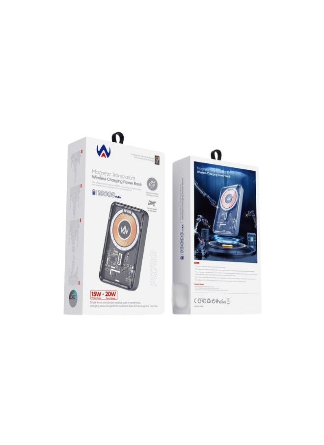 WA transparent power bank with wireless charging feature, 10000 mAh power