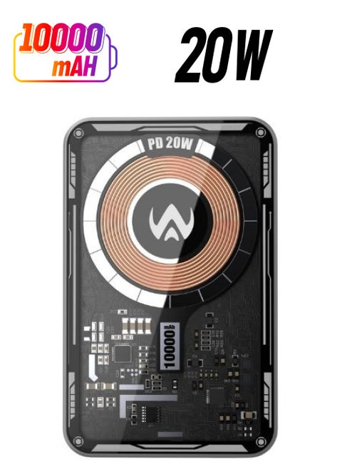 WA transparent power bank with wireless charging feature, 10000 mAh power