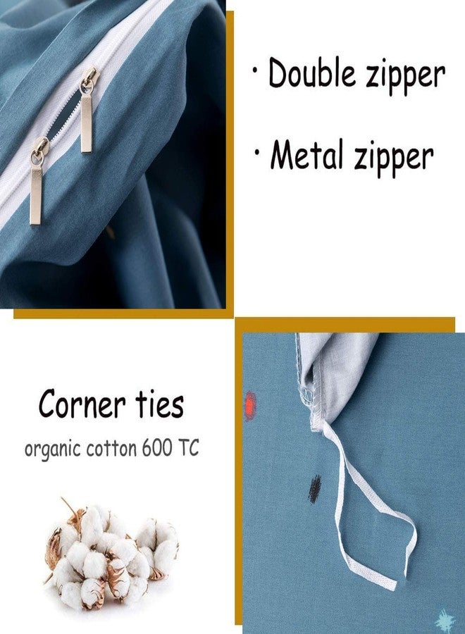 FADFAY مجموعة أغطية سرير فادفاي جالاكسي سبيس 100% قطن للأطفال بحجم كامل، أزرق، كون، نجوم، قمر، غطاء لحاف بسحاب مع 2 غطاء وسادة للأولاد والبنات والمراهقين، بدون حشوة - Image 3