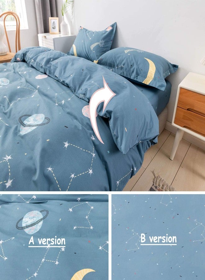 FADFAY مجموعة أغطية سرير فادفاي جالاكسي سبيس 100% قطن للأطفال بحجم كامل، أزرق، كون، نجوم، قمر، غطاء لحاف بسحاب مع 2 غطاء وسادة للأولاد والبنات والمراهقين، بدون حشوة - Image 2