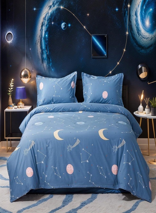 FADFAY مجموعة أغطية سرير فادفاي جالاكسي سبيس 100% قطن للأطفال بحجم كامل، أزرق، كون، نجوم، قمر، غطاء لحاف بسحاب مع 2 غطاء وسادة للأولاد والبنات والمراهقين، بدون حشوة - Image 1