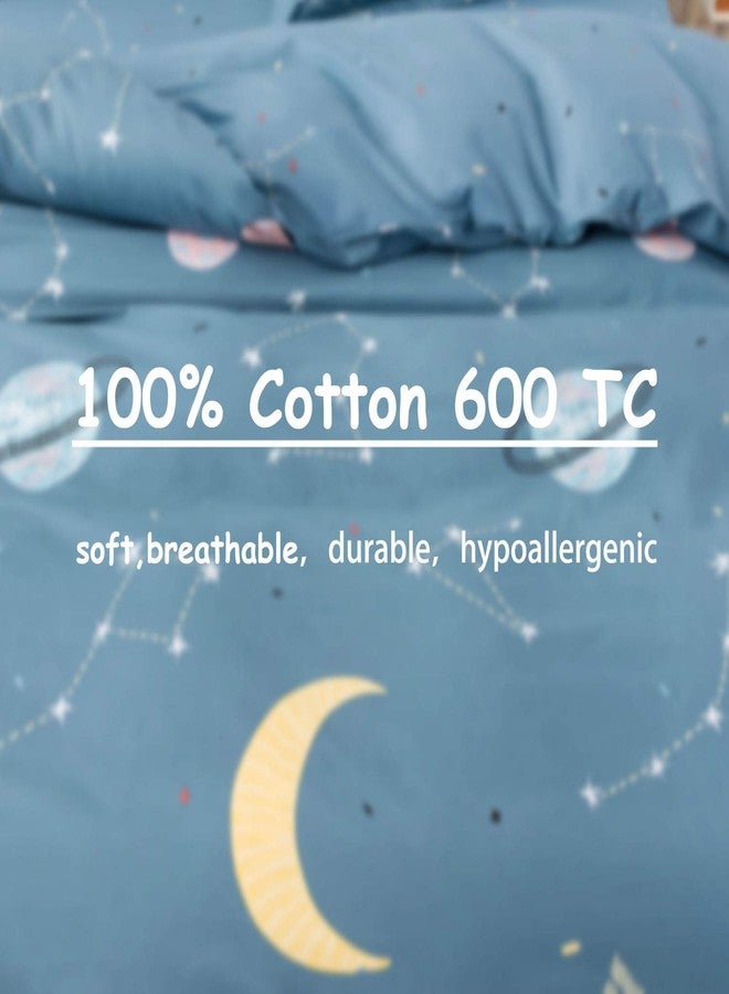FADFAY مجموعة أغطية سرير فادفاي جالاكسي سبيس 100% قطن للأطفال بحجم كامل، أزرق، كون، نجوم، قمر، غطاء لحاف بسحاب مع 2 غطاء وسادة للأولاد والبنات والمراهقين، بدون حشوة - Image 5