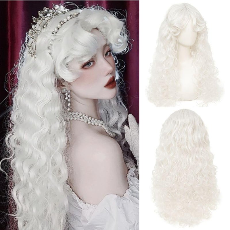 Tseses White Long Curly Wigs for Women Middle Part with Bangs Natural Synthetic Princess Hair Wig for Halloween Cosplay - Image 1