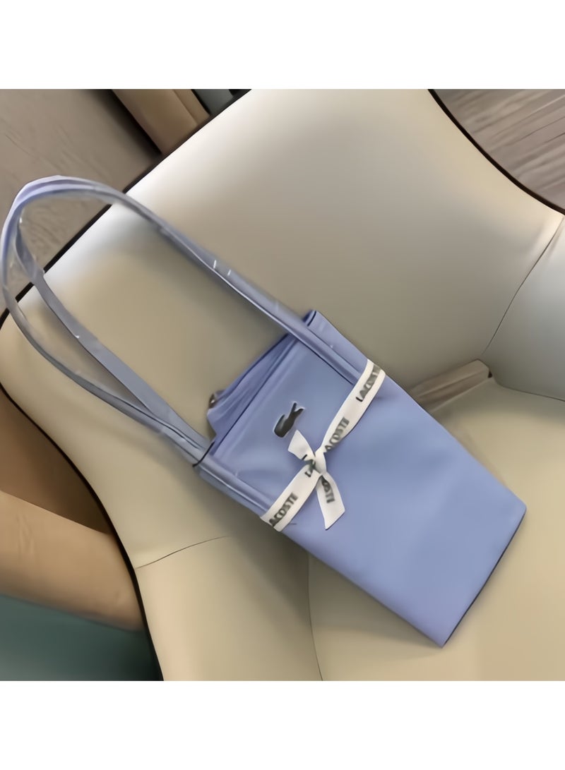 Lacoste Women's Concept Fashion Versatile Large Capacity Zipper Handbag Tote Bag Shoulder Bag Large Size Linen Light blue - Image 5