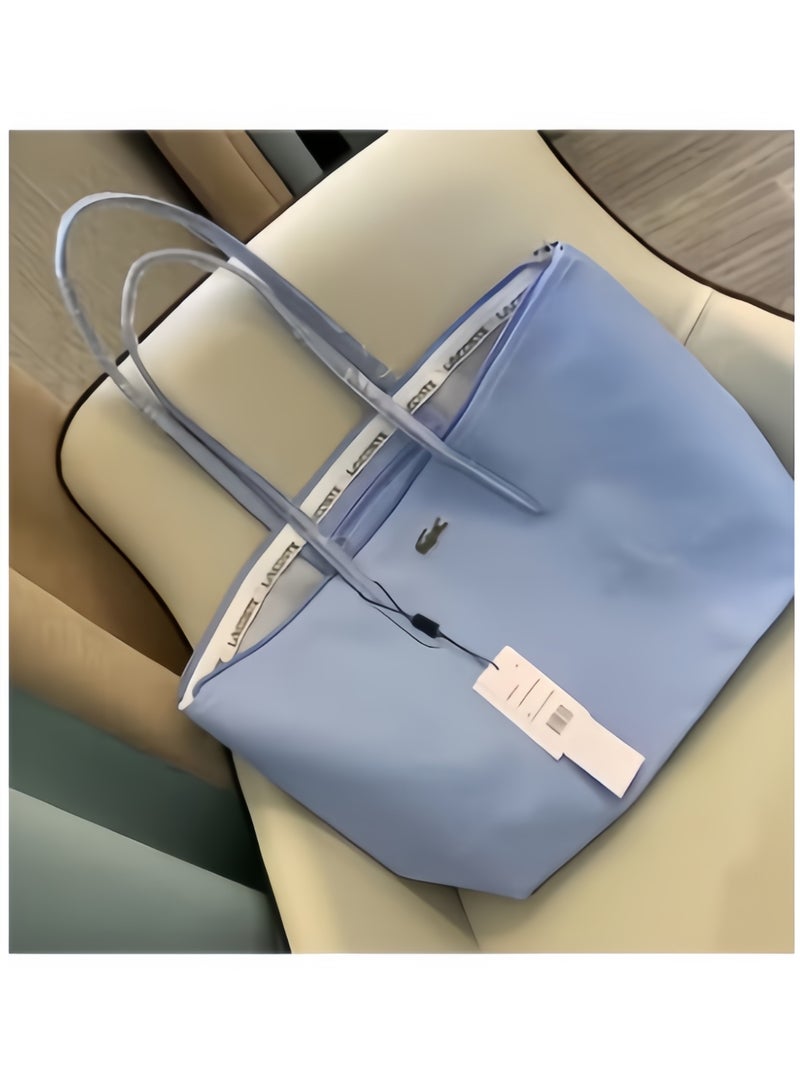 Lacoste Women's Concept Fashion Versatile Large Capacity Zipper Handbag Tote Bag Shoulder Bag Large Size Linen Light blue - Image 3