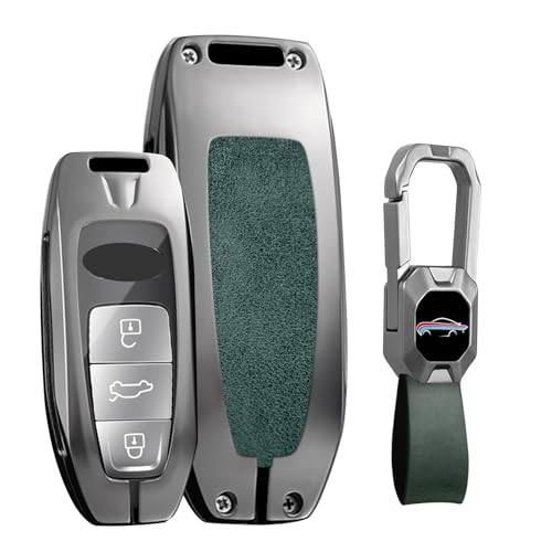 KUNIO Car Key Fob Cover Case Fit for Audi A3 A6 A6L A7 A8 2023 2024 2025 E-tron Q8 S8 Leather Key Shell Keychain Zinc Alloy Key Holder Car Accessories Green-Type A - Image 1