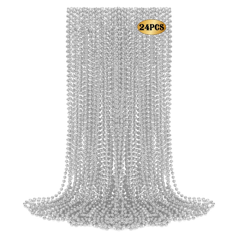 Huskein 24 PCS Silver Beads Necklaces Christmas Beaded Necklaces 33 Round Xmas Beaded Mardi Gras Parade Accessories for Festive Event Carnival Party Supplies Masquerade - Image 3