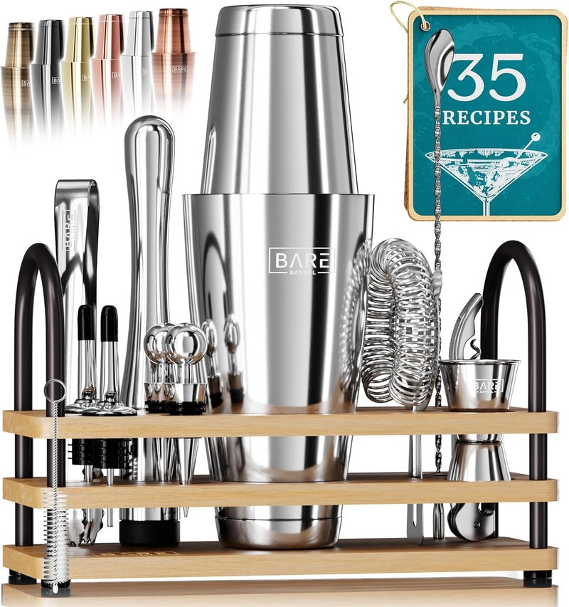 Bare Barrel ® Mixology Bartender Kit Bar Set | 14-Piece Cocktail Shaker Set | Martini Barware Mixing Tools for Home Bartending | 35 Recipe Cards | Gift Set (28oz Boston Shaker, Silver/Natural) - Image 1