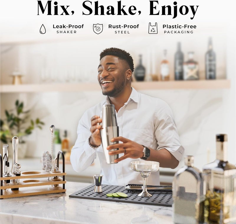 Bare Barrel ® Mixology Bartender Kit Bar Set | 14-Piece Cocktail Shaker Set | Martini Barware Mixing Tools for Home Bartending | 35 Recipe Cards | Gift Set (28oz Boston Shaker, Silver/Natural) - Image 3