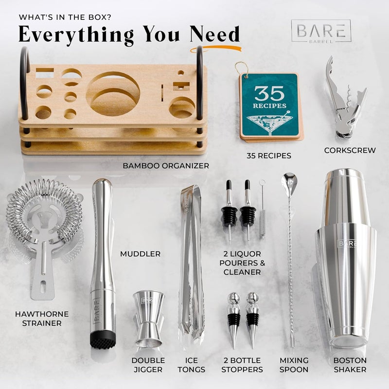 Bare Barrel ® Mixology Bartender Kit Bar Set | 14-Piece Cocktail Shaker Set | Martini Barware Mixing Tools for Home Bartending | 35 Recipe Cards | Gift Set (28oz Boston Shaker, Silver/Natural) - Image 4