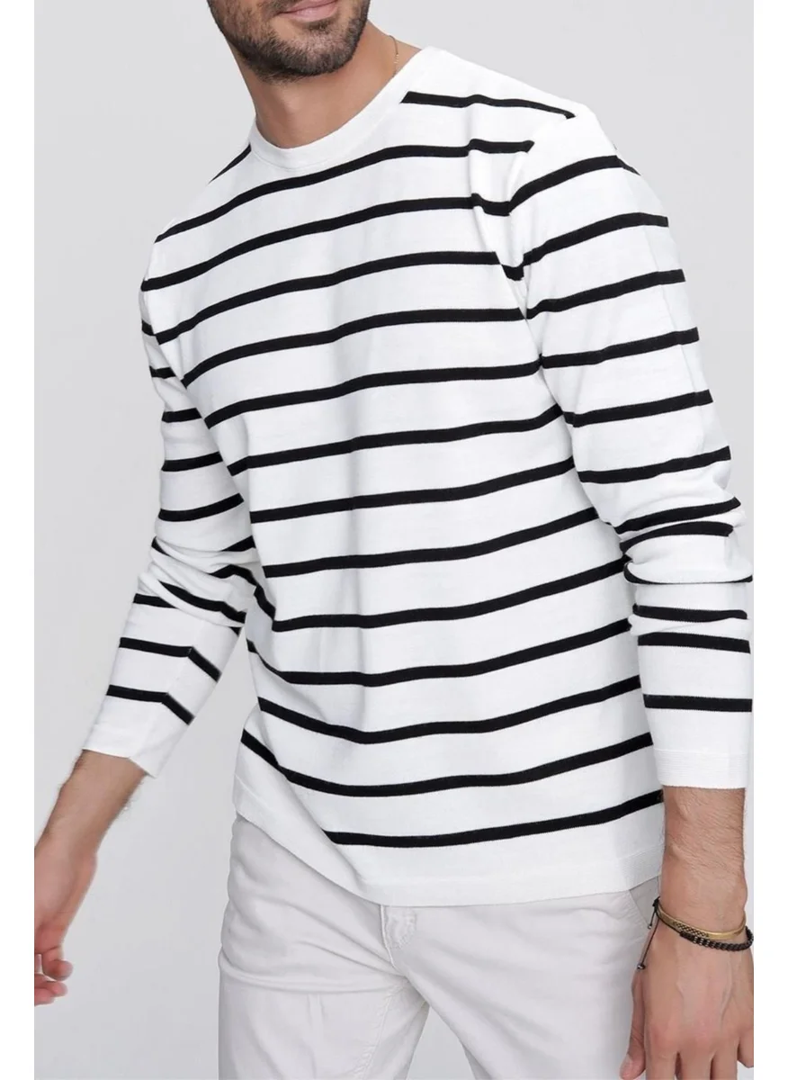 Cool Tarz Cool Style Men's White Crew Neck Striped Casual Knitwear Sweater