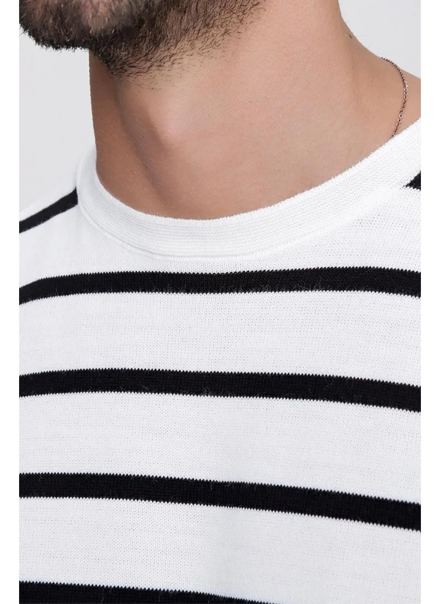 Cool Tarz Cool Style Men's White Crew Neck Striped Casual Knitwear Sweater
