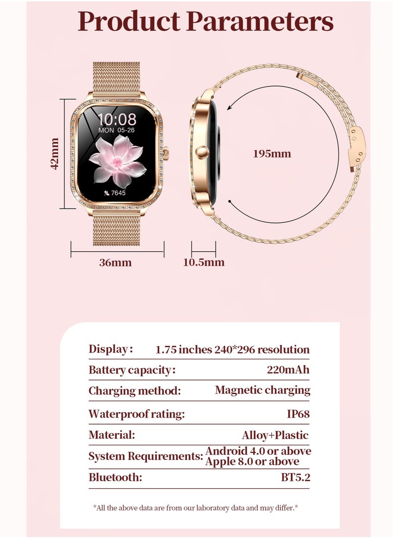 RollsTimi  Ladies/Women Bluetooth Smartwatch, Magnetic Charging, 1.75-Inch High-Definition Screen,Full-Screen Touch, Built-In Vibration Reminder, Sports Health Monitoring, Voice Assistant RT MK88  - Image 3