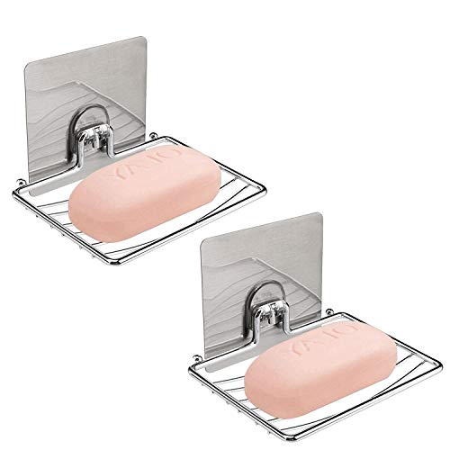 Luvina Magic Sticker Soap Dish Holder,Self Adhesive Wall Mounted Soap Sponge Holder Stainless Steel Storage Saver Rack for Home Kitchen Bathroom Shower (Soap Dish Holder) Silver (2) - Image 1
