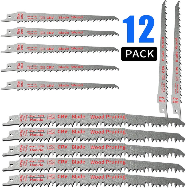 Hanida 9-Inch 5-Pack and 6-Inch 7-Pack Wood Pruning Saw Blades for Reciprocating/Sawzall Saws - 12 Pack - Image 1