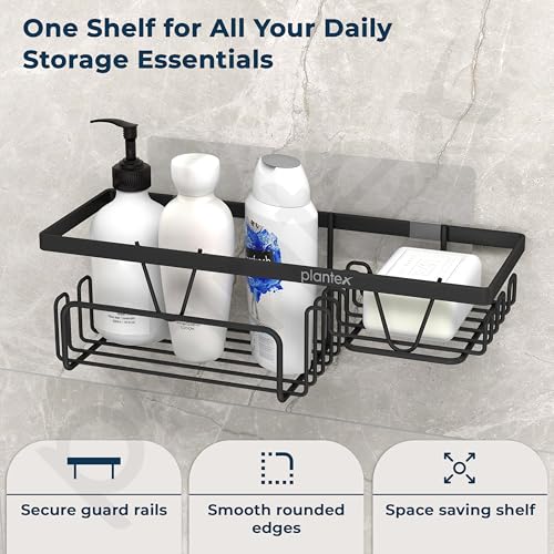 Plantex Bathroom Shelf for Wall Adhesive/GI Steel Bathroom Soap Stand with Side Hooks & Magic Sticker/Bathroom Organiser Without Drill (Black, Powder Coated) - Image 3