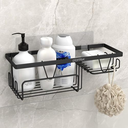 Plantex Bathroom Shelf for Wall Adhesive/GI Steel Bathroom Soap Stand with Side Hooks & Magic Sticker/Bathroom Organiser Without Drill (Black, Powder Coated) - Image 1