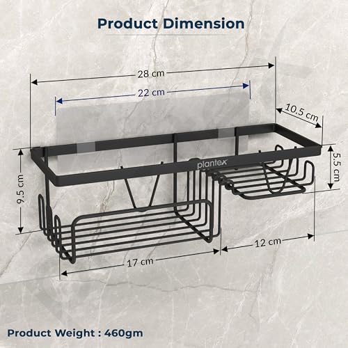 Plantex Bathroom Shelf for Wall Adhesive/GI Steel Bathroom Soap Stand with Side Hooks & Magic Sticker/Bathroom Organiser Without Drill (Black, Powder Coated) - Image 5