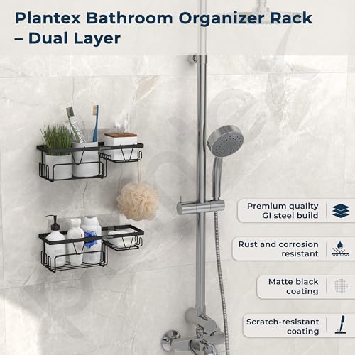 Plantex Bathroom Shelf for Wall Adhesive/GI Steel Bathroom Soap Stand with Side Hooks & Magic Sticker/Bathroom Organiser Without Drill (Black, Powder Coated) - Image 2