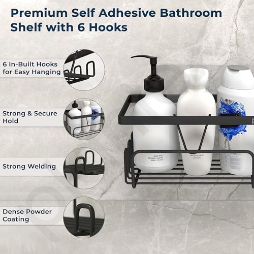 Plantex Bathroom Shelf for Wall Adhesive/GI Steel Bathroom Soap Stand with Side Hooks & Magic Sticker/Bathroom Organiser Without Drill (Black, Powder Coated) - Image 4