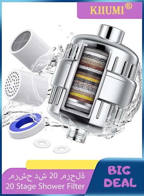 20 Stage Shower Filter-Shower Head Filter For Hard Water, (with 2 Replaceable Filter Cartridges) Remove Chlorine Fluoride Water Softener, Faucet Filter for Bathroom Kitchen Washroom