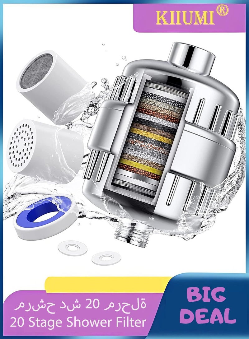 KIIUMI 20 Stage Shower Filter-Shower Head Filter For Hard Water, (with 2 Replaceable Filter Cartridges) Remove Chlorine Fluoride Water Softener, Faucet Filter for Bathroom Kitchen Washroom - Image 1